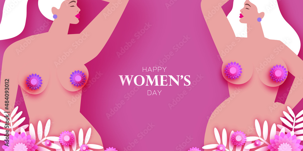 Female silhouette with flowers. Naked dancing woman. Happy Women's day. Happy Mother's Day. Venera, Venus female concept paper cut style. Health care. Body positive. Violet, Purple,Pink. Female silhouette with flowers. Naked dancing woman. Happy Women's day. Happy Mother's Day. Venera, Venus female concept paper cut style. Health care. Body positive. Violet, Purple,Pink.