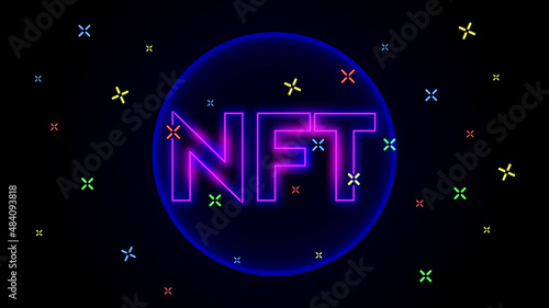 nft with glowing neon circle, non-fungible token crypto art, neon light style.