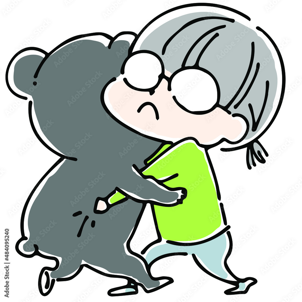 Obraz premium 黒熊と相撲を取るメガネっ子