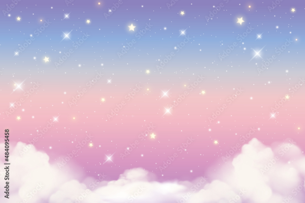Holographic fantasy rainbow unicorn background with clouds and stars. Pastel color sky. Magical landscape, abstract fabulous pattern. Cute candy wallpaper. Vector.