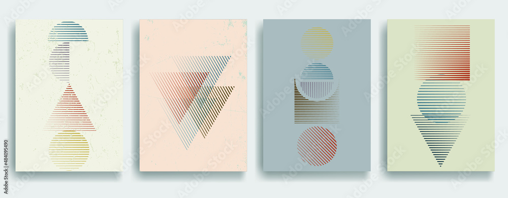 Modern posters with minimalist design elements . Grunge textured shapes in Boho art style  . Wall art , home deco . Vector abstract shape. Modern art . Contemporary poster set .