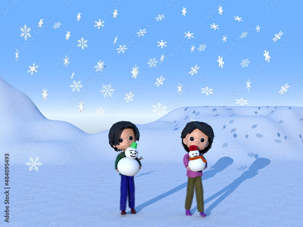Naklejka premium 雪の降る野原で、雪だるまと遊ぶ子どもたち