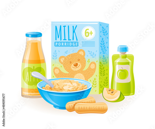 Baby food vector illustration. Milk porridge bowl with spoon, juice bottle, apple fruit, puree box, kids biscuit icon set. Healthy nutrition baby food. 3d Complementary product isolated illustration