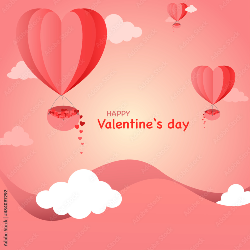 Valentine’s Day greeting card with heart balloons in the air pink color tone.