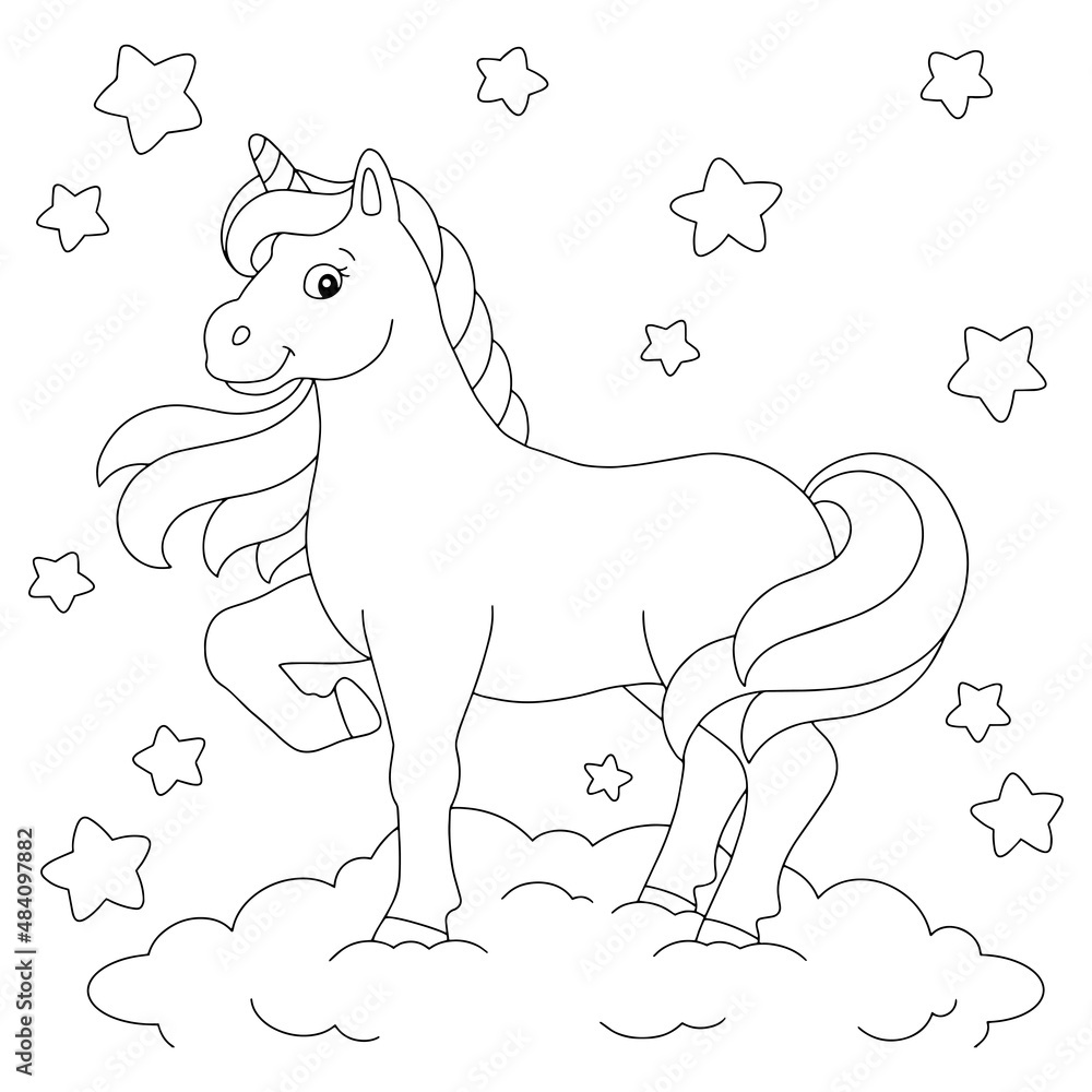 Magical unicorn on the night sky. Coloring book page for kids. Cartoon ...
