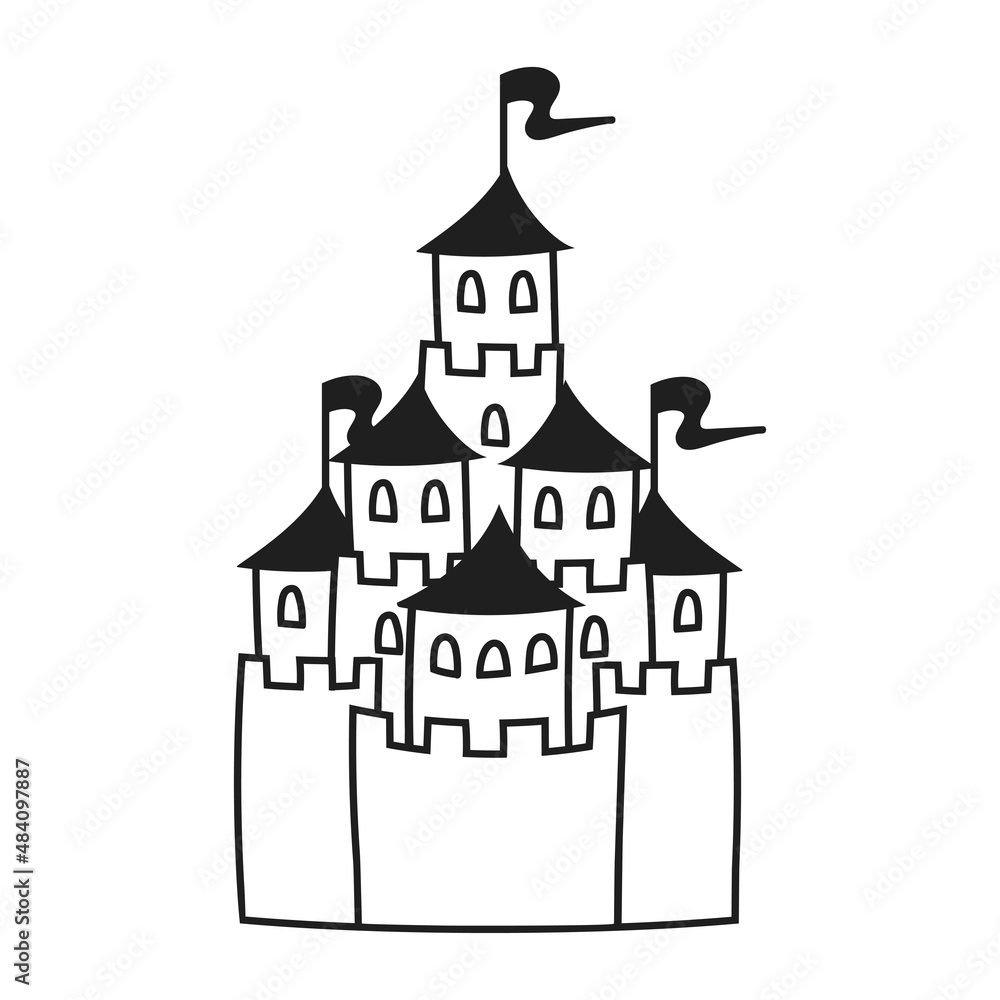 Fairytale castle. Coloring book page for kids. Cartoon style. Vector illustration isolated on white background.