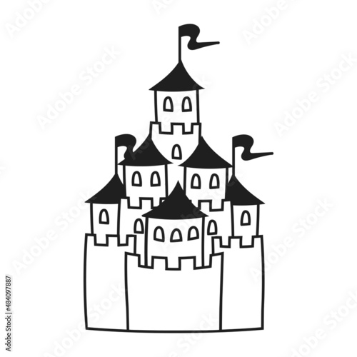 Fairytale castle. Coloring book page for kids. Cartoon style. Vector illustration isolated on white background.