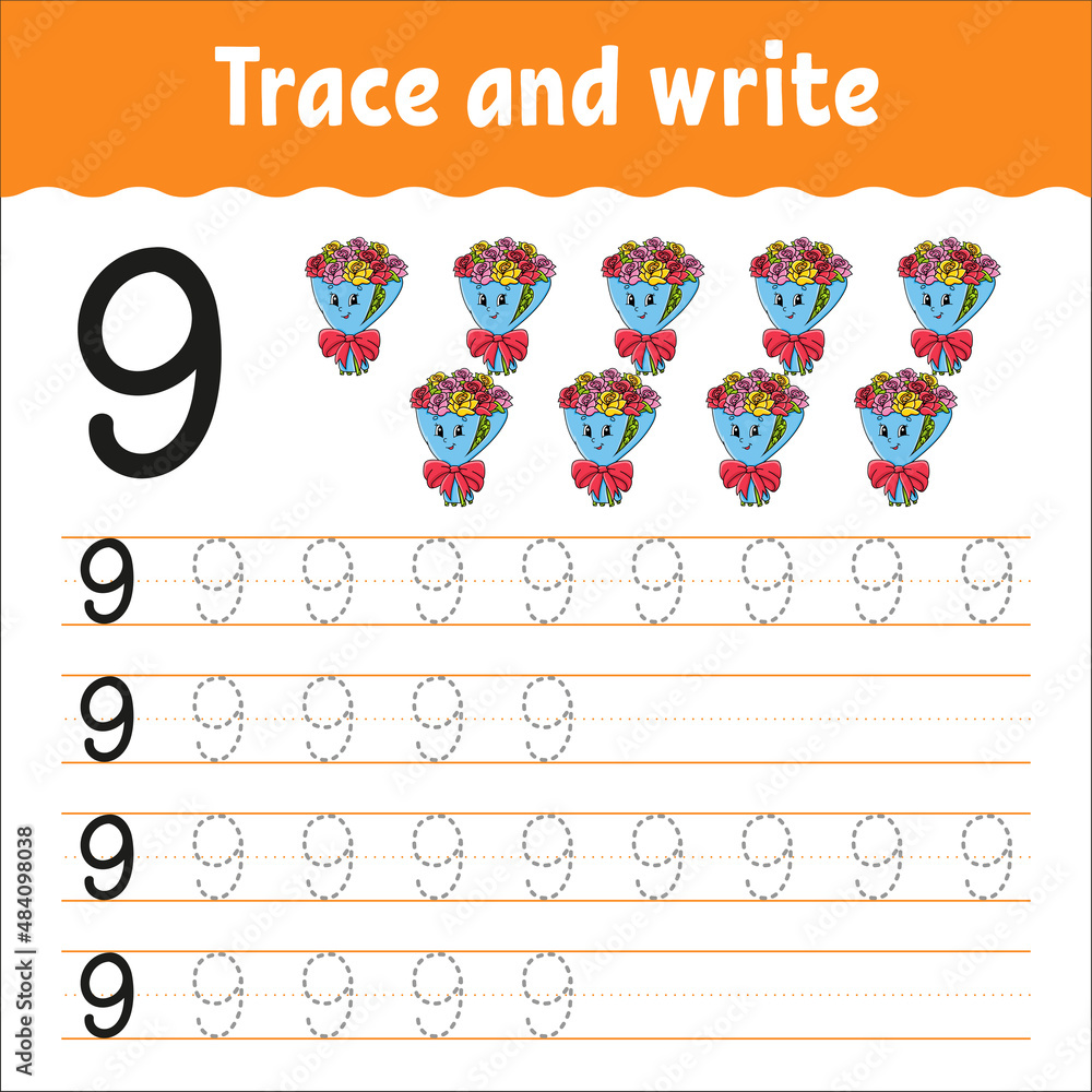 Obraz premium Learn Numbers. Trace and write. Handwriting practice. Education developing worksheet. Color activity page. Isolated vector illustration in cute cartoon style.