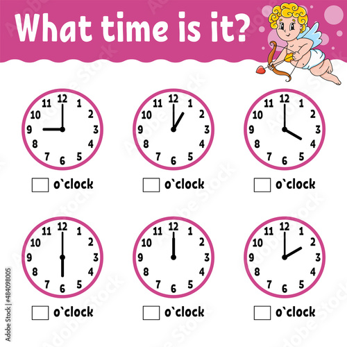 Learning time on the clock. Educational activity worksheet for kids and toddlers. Game for children. Simple flat isolated color vector illustration in cute cartoon style.