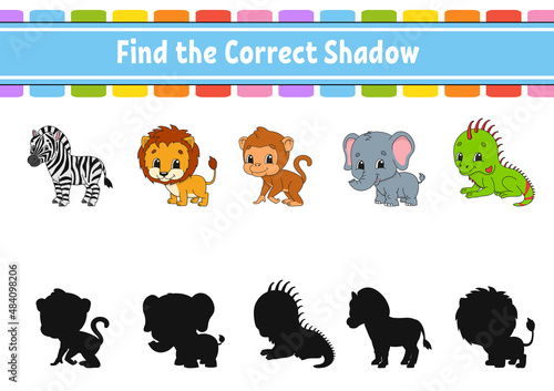 Find the correct shadow. Education developing worksheet. Matching game for kids. Color activity page. Puzzle for children. Cute character. Vector illustration. cartoon style.