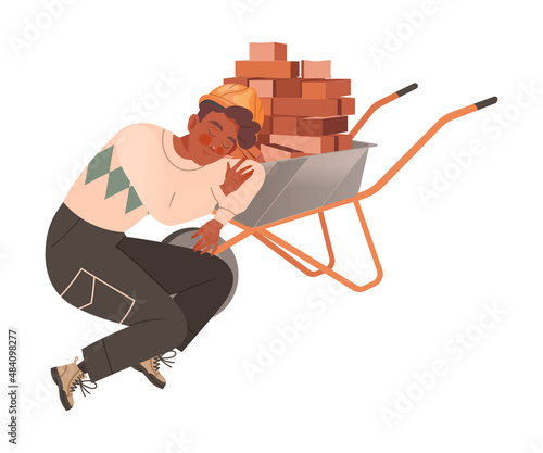 Stressed tired builder sleeping on pile of bricks. Professional burnout syndrome, depressed person cartoon vector illustration