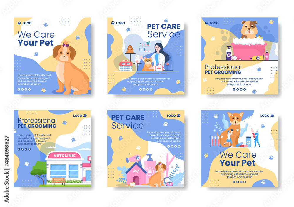Pet Grooming and Animal Clinic Post Template Flat Illustration Editable of Square Background Suitable for Social media, Greeting Card or Web Ads
