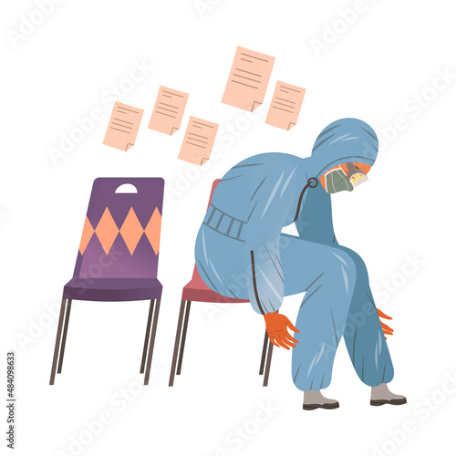 Exhausted tired doctor on protection suit. Professional burnout syndrome, depressed person cartoon vector illustration