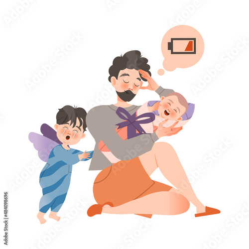 Stressed tired father with little kids. Parental burnout concept cartoon vector illustration