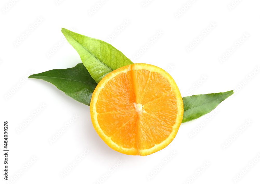 Fresh cut orange and leaves isolated on white background Fresh cut orange and leaves isolated on white background