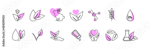 icon set of natural fragrance, natural, cruelty free, organic, nitrates, gluten, and sulfate free, natural ingredients, vegan, sustainable, handmade, biodegradable, paraben and sodium-free.