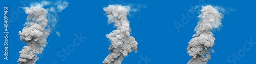 3 grey pollution smoke columns from volcano on blue, isolated - industrial 3D rendering
