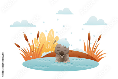 Lonely duckling swimming in the pond in winter. Ugly duckling fairy tale cartoon vector illustration