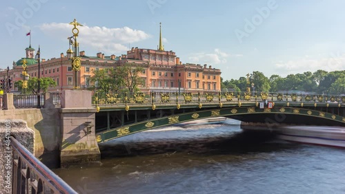 Mikhailovsky Castle and Panteleymonovsky Bridge in Saint Petersburg. Time-lapse. photo