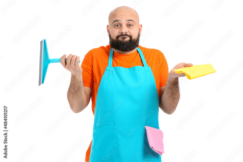 Helpless bald man with squeegee and rag isolated on white Helpless bald man with squeegee and rag isolated on white