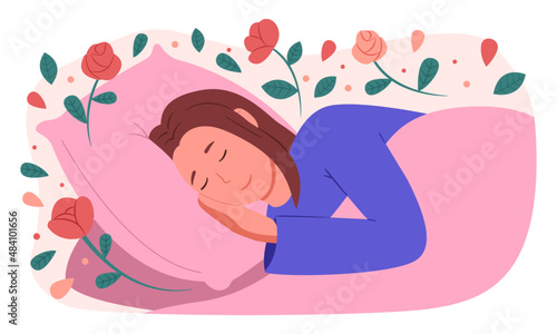 Girl sleep. Stick to a sleep routine. Sleep hygiene. Healthy lifestyle. Selfcare. Vector flat illustration