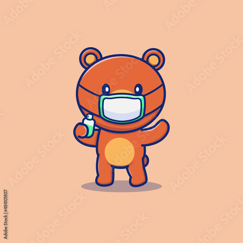 Cute Bear Wearing Mask Holding Sanitizer Cartoon Vector Icon Illustration. Animal And Health Icon Concept Isolated Premium Vector. Flat Cartoon Style photo