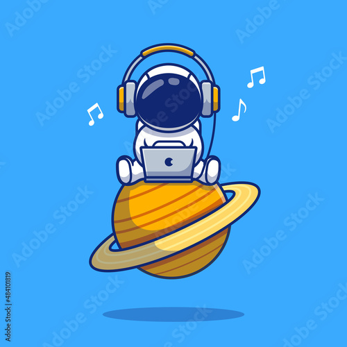 Cute Astronaut Listening Music With Laptop And Headphone Cartoon Vector Icon Illustration Science Technology Icon Concept Isolated Premium Vector. Flat Cartoon Style