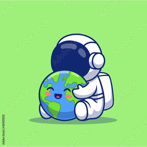 Cute Astronaut Holding Earth Cartoon Vector Icon Illustration Science Technology Icon Concept Isolated Premium Vector. Flat Cartoon Style
