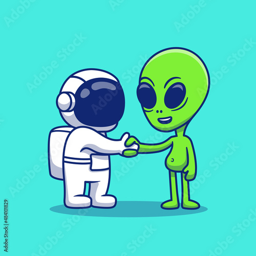 Cute Astronaut Hand Shake With Alien Cartoon Vector Icon Illustration. Science Technology Icon Concept Isolated Premium Vector. Flat Cartoon Style
