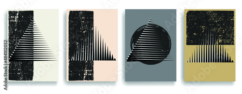 Modern posters with minimalist design elements . Grunge textured shapes in Boho art style . Wall art , home deco . Vector abstract shape. Modern art . Contemporary poster set .
