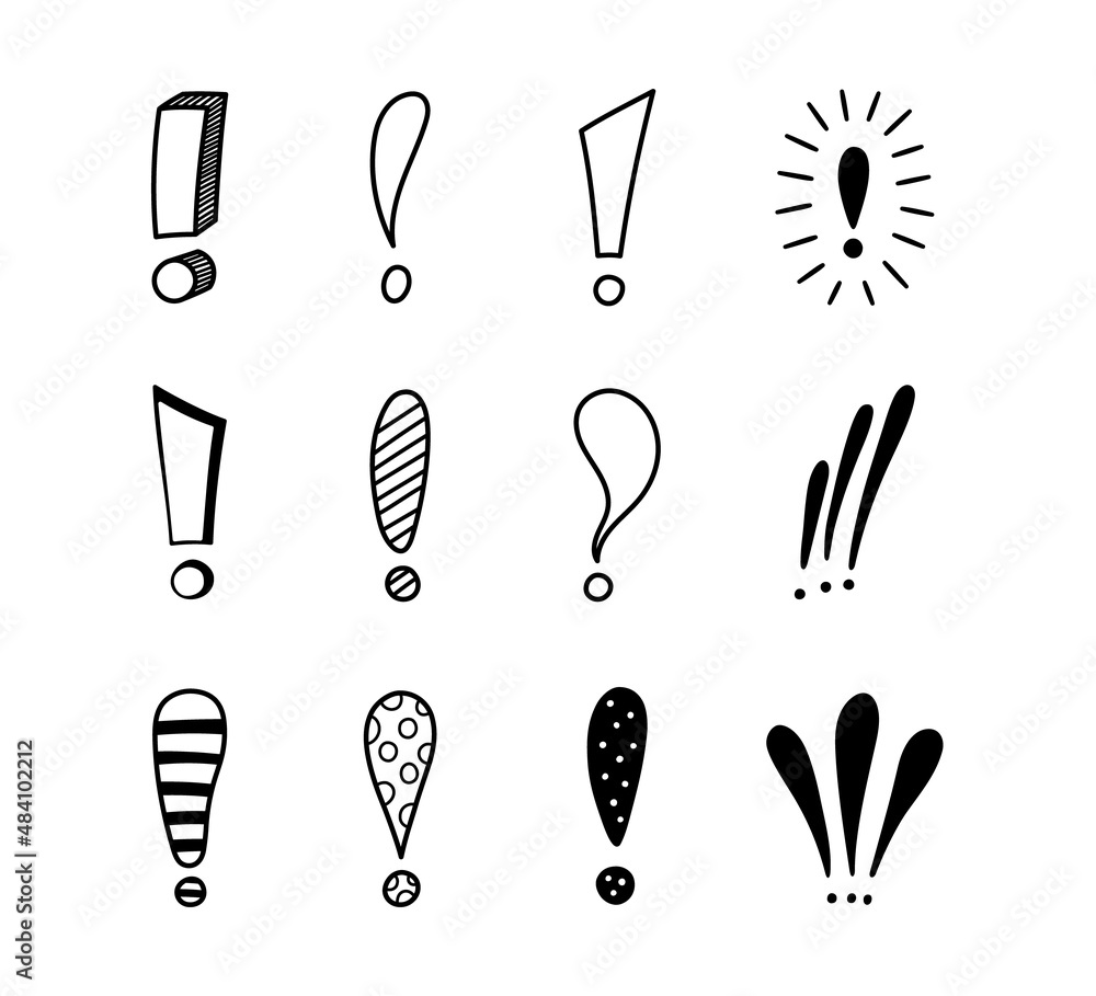 Hand drawn exclamation marks set. Hazard warning hand draw symbol. Attention doodle icons. Exclamations marks icons. Vector illustration isolated in doodle style on white background.