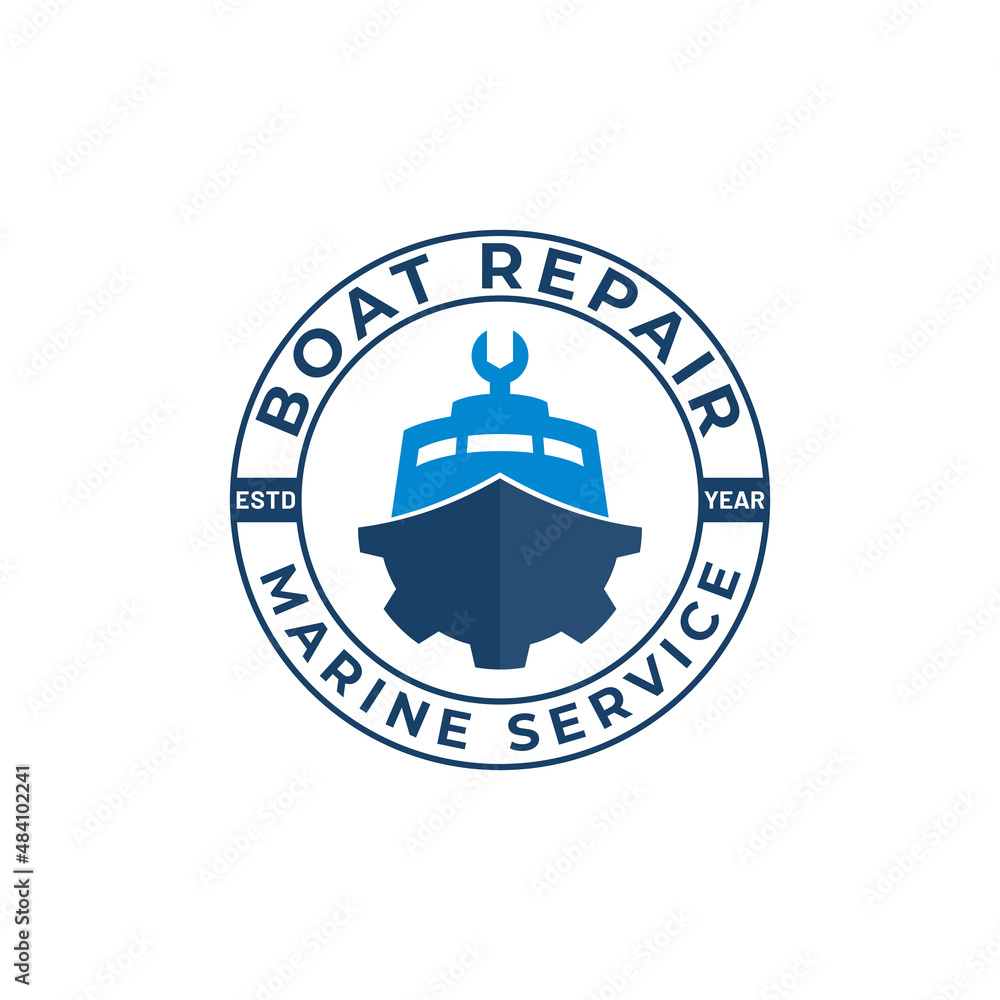Boat Repair Emblem logo design vector, Gear and Wrench with Cruise Ship