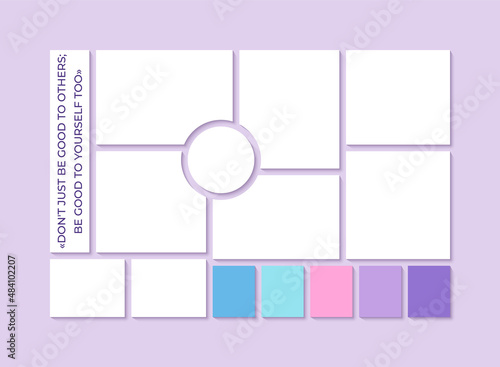 Moodboard template. Collage grid. Mood board banner. Montage photo image. Mosaic pictures album layout. Photomontage frames with circle, colour palette, quote. Modern presentation. Vector illustration
