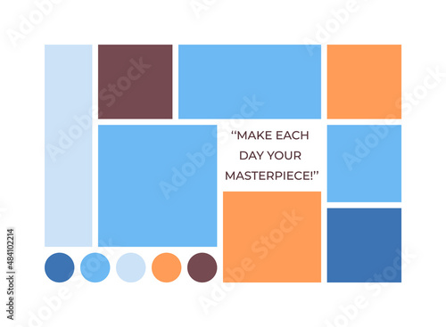 Moodboard templates. Collage grid. Mood board background. Photomontage pictures layout. Modern mosaic frames. Album design with colour palette and quote. Horizontal presentation. Vector illustration.