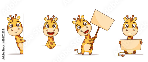 Set of giraffes in different poses with signs, standing, sitting, looking out, waving a sign. Vector illustration for designs, prints and patterns. Isolated on white background