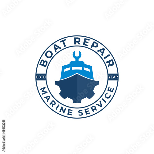 Boat Repair Emblem logo design vector, Gear  and Wrench with Cruise Ship Speedboat, for Marine Services and Sea ​​Transportation Repair service logo design