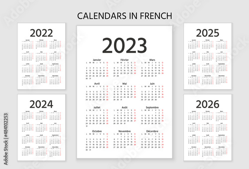 French Calendar 2023, 2022, 2024, 2025, 2026 years. Week starts Monday. Vector. France calender template. Yearly stationery organizer. Vertical, portrait orientation. Simple illustration.