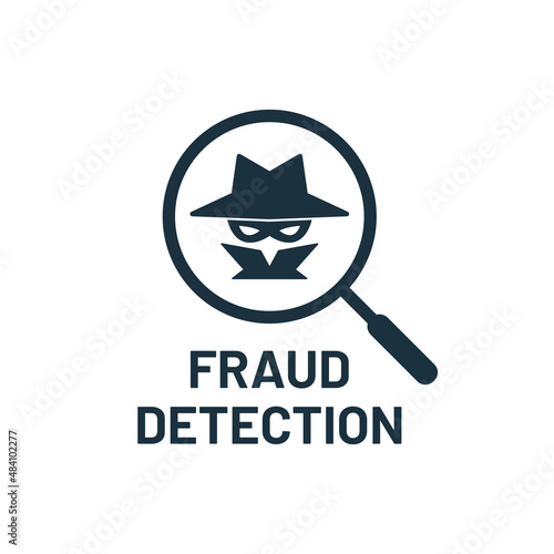 Fraud Detection icon logo design vector. Silhouette of Magnifying Glass with Fraudster Hacker Agent Mysterious Incognito Anonymous Detective Thief Theft logo concept