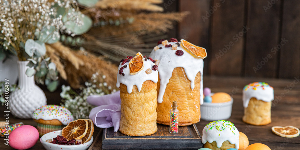 Easter cake sweet bread colored decoration homemade baking easter dessert treat celebratory holiday orthodox christians easter treat healthy meal food snack on the table copy space food background 