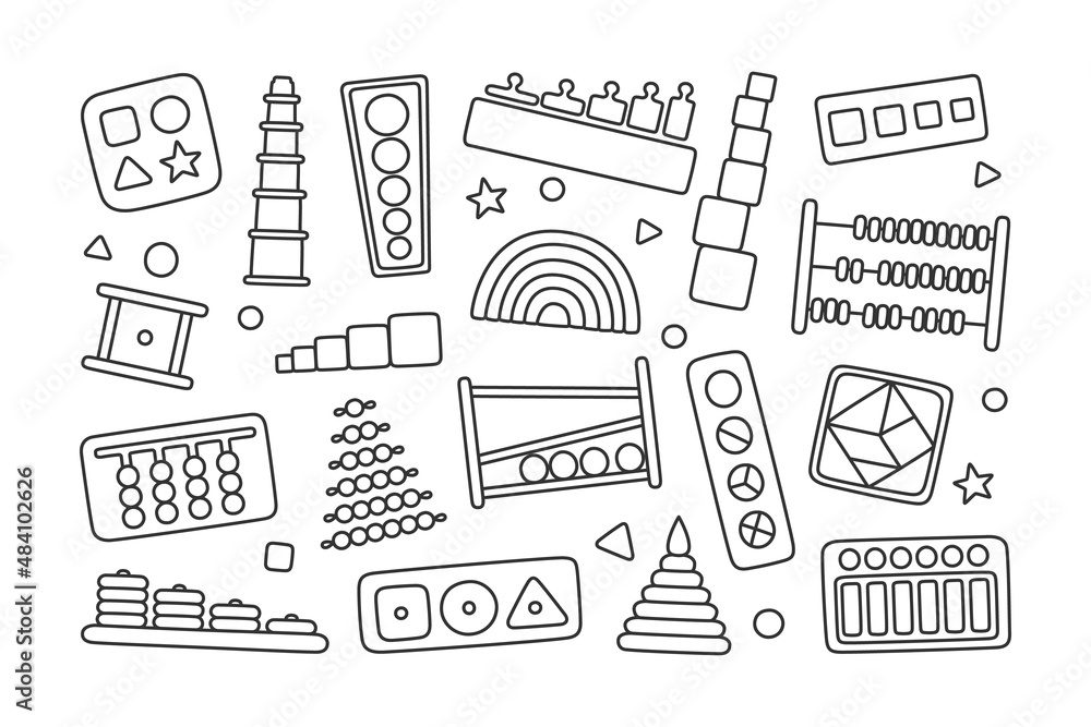 Montessori education logic toys. Children wooden toys for preschool kids. Montessori system for early childhood development. Multicolored sorters. Hand drawn vector illustrations on white background. Montessori education logic toys. Children wooden toys for preschool kids. Montessori system for early childhood development. Multicolored sorters. Hand drawn vector illustrations on white background.