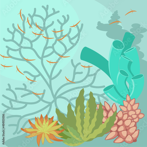 Underwater scene with corral reef on aquamarine background