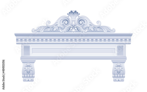 Vector arch. Antique vintage frame. Classic white baroque portal. Antique greek roman wall architecture. Stone palace design element. Ancient building interior style with scroll. Old pillar arch frame