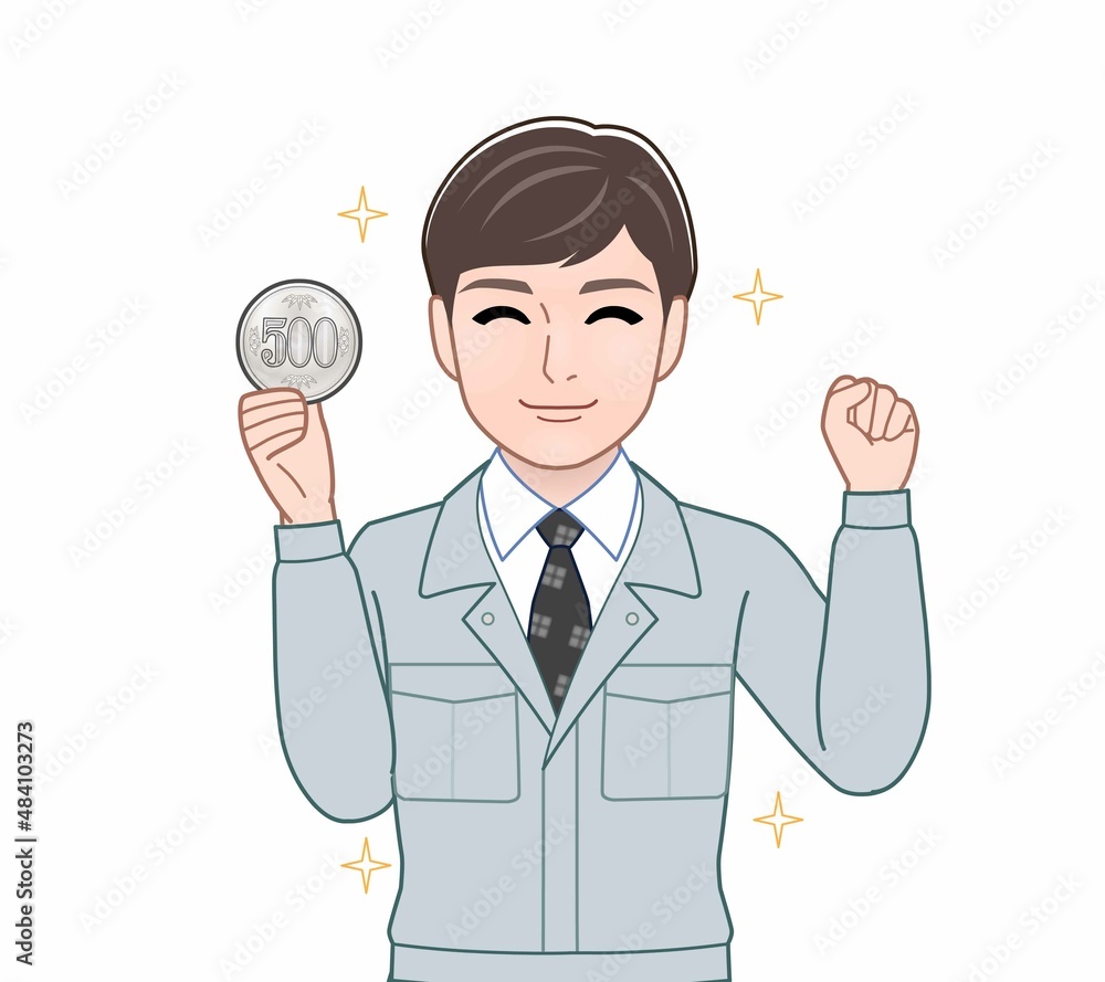500円玉をもつ男性 500円玉をもつ男性