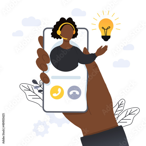 Customer support. Personal assistant service. Social media network services, online supporter agents. Isolated flat vector illustration with african woman.