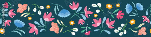 Flower pattern background border. Decorative folk floral vector seamless repeat banner design. 