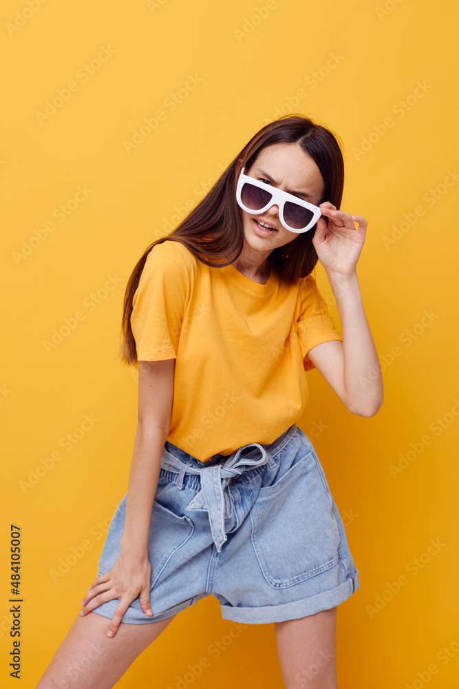 photo pretty girl with long hair wearing sunglasses posing isolated background