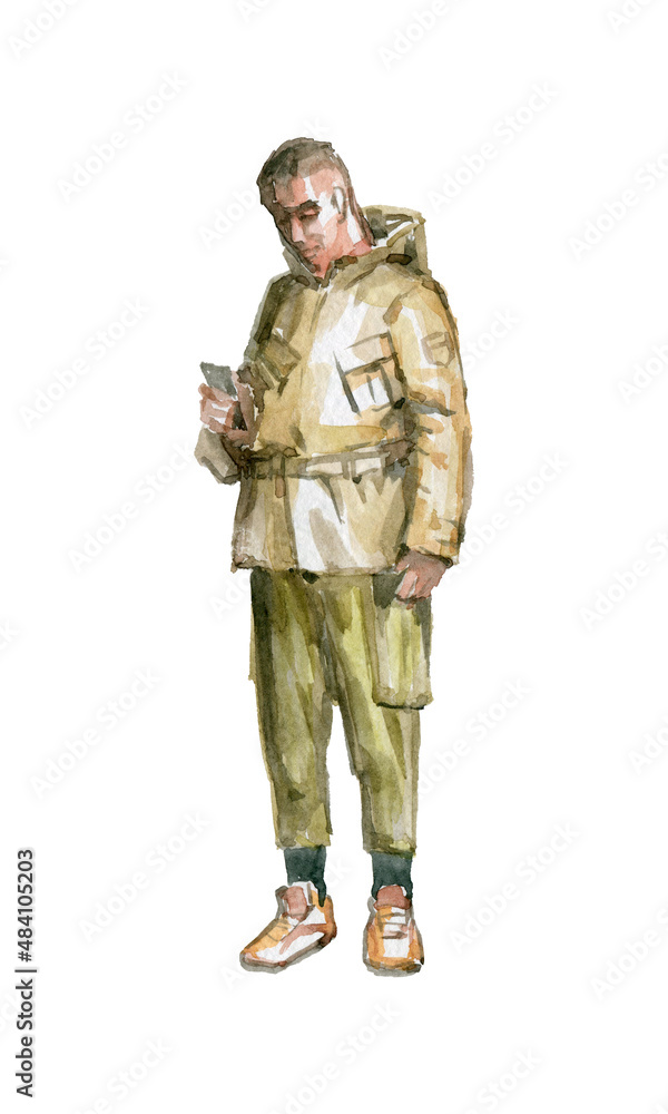 Figures of young people in casual clothes. They go to the viewer. Full-length. Watercolor illustration Figures of young people in casual clothes. They go to the viewer. Full-length. Watercolor illustration