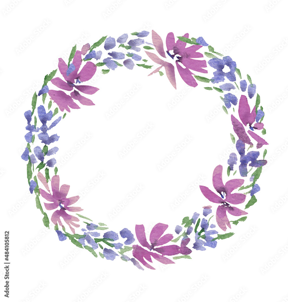Watercolor wreath of wildflowers. Florals arrangement. Hand drawn illustration with romantic flowers