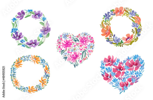 Watercolor wreath of wildflowers. Florals arrangement. Hand drawn illustration with romantic flowers