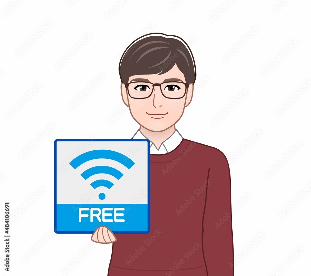 Wifiのパネルを持っている男性